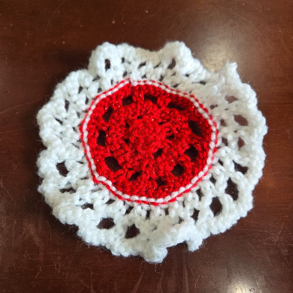 Handmade Crochet Coaster – Red & White